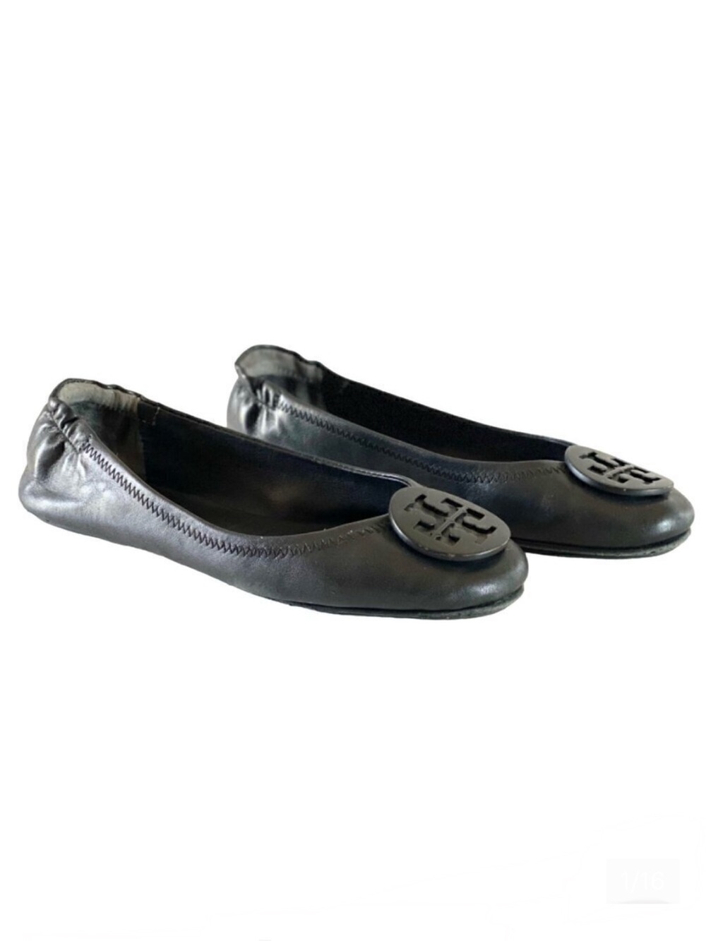 Tory Burch Minnie Travel Ballet Flats 6.5 Black Napa Leather Logo Shoes‎